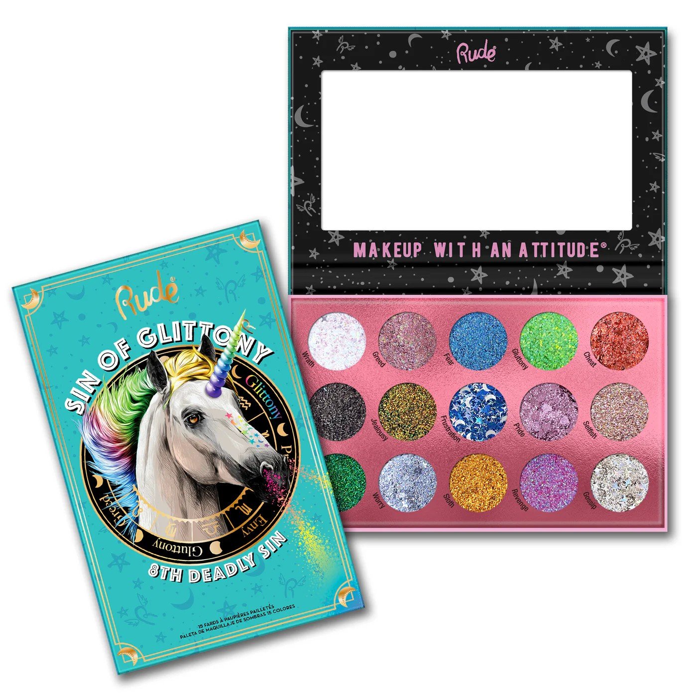 Rude Cosmetics, Sin of Glittony - 15  gepresste Glitzerlidschatten (vegan)